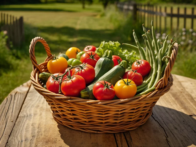 Cesto di pomodori, zucchine e fagiolini appena raccolti su un tavolo rustico