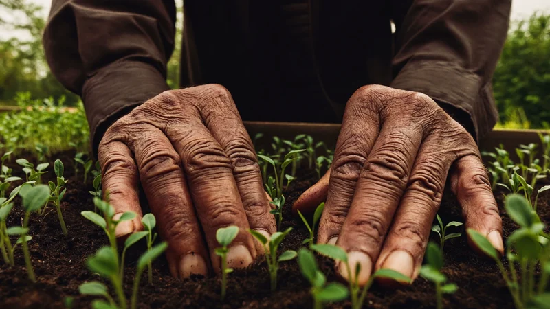 Mani anziane che mettono a dimora piantine in terra scura, ripresa ravvicinata